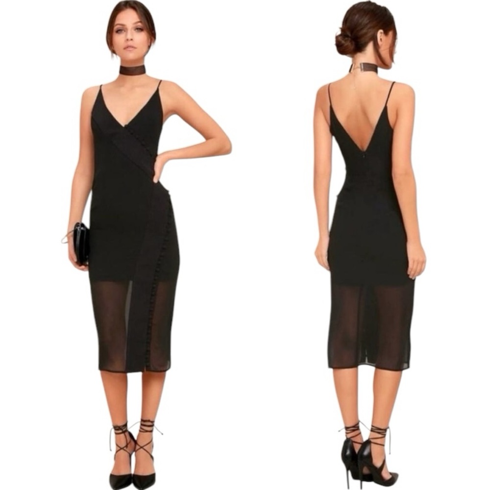 C/Meo Collective Black Small Presence Button Detail Sheer Hem Sheath Dress NWT